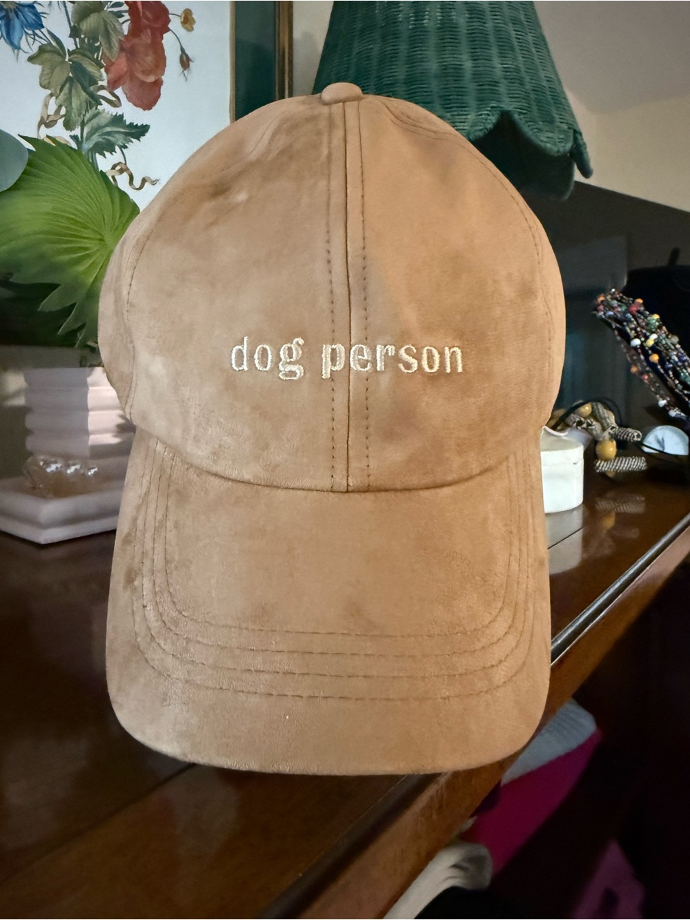 Nordstrom Tan Suede "dog person" Baseball Cap